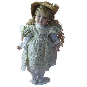 Porcelain 16" Girl Doll - Curly Blonde Hair - Hat in Pastel Yellow Floral Dress